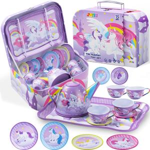 JOYIN Unicorn Tea Party Set for Little Girls, Pretend Purple Tin Teapot Set, Princess Tea Time Play Kitchen Toy with Teapot, Cup, Plate, Carrying Case for Kids Toddler Age 3+, Birthday Gifts