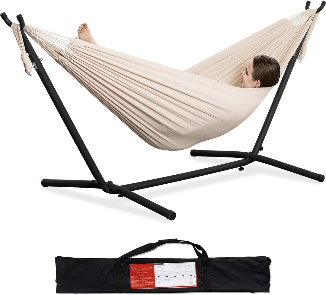 PNAEUT Double Hammock with Space Saving Steel Stand 2 Person Heavy Duty Garden Yard Outdoor 450lb Capacity Hammocks (Beige)