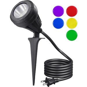 EDISHINE 120V LED Outdoor Spotlight, 5 Extra Lenses (RGB Purple Blue), 5.5W 5000K Plug in Spotlight Outdoor, Waterproof Landscape Light for Yard, Holiday Tree Flag Light, UL Listed (1Pack, Black)