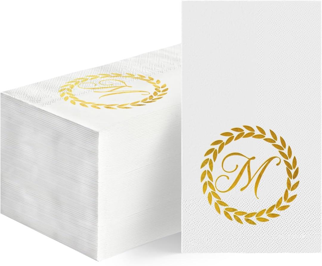 Horaldaily 100 Monogrammed Disposable Paper Decorative Guest Napkins, Gold Foil Letter M Hand Towel for Wedding Engagement Graduation Baby Shower Party