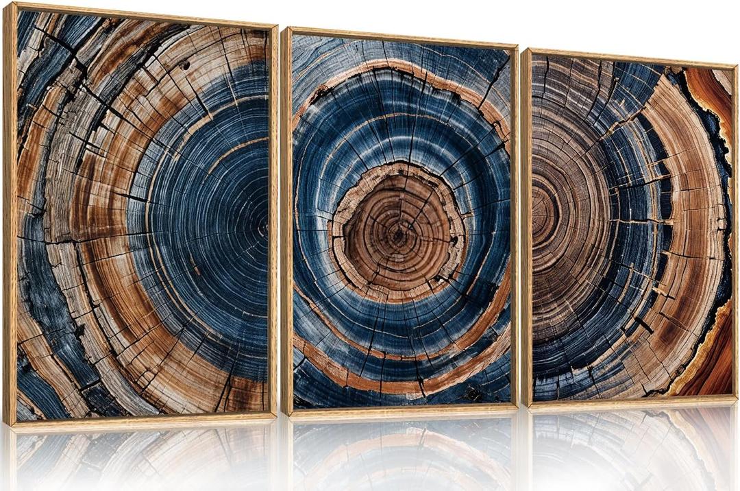 Colorful Tree Rings Framed Canvas Wall Art Set,Abstract Blue and Brown Wood Grain Wall Decor,Nature Modern Annual Ring Texture Artwork for Living Room,Bedroom-24 x36 x3