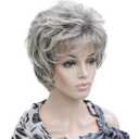 Lydell Women's Short Curly Wavy Wig Light Gray with Dark Root Synthetic Hair Full Wig 6 inches