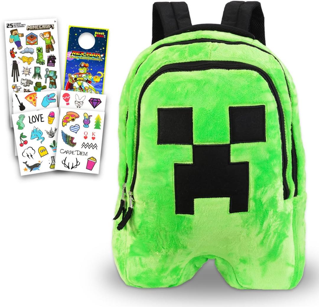 Creeper Plushie Set - 18" Creeper Plush Doll with Straps, Stickers, Tattoos & More | Boys' Minecraft Gift