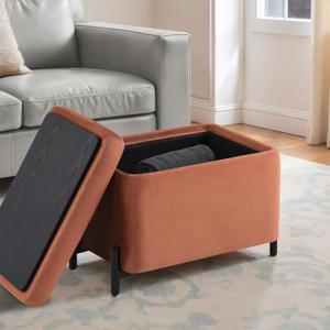 Studio Living Connor 24" Small Storage Ottoman, Modern Boho, Matte Black Metal Legs, Velvet Fabric, Rust (16"D x 24"W x 18"H)