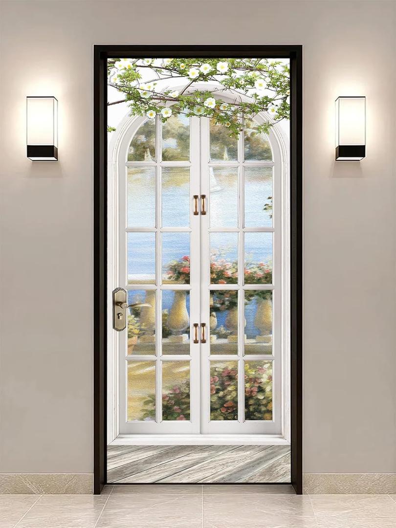 artfanke 3D Peel and Stick Door Sticker 33.5"x84.6"- European Style Arch Pastoral Door Murals Wallpaper Self-Adhesive Wall Decal for Bedroom Decor(2 Sheets/Set)