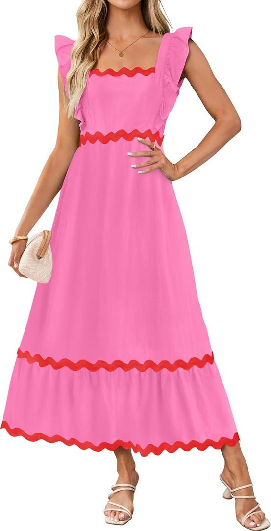 ZESICA Women's Summer Sleeveless Ruffle Dresses Square Neck Backless Boho Flowy Maxi Sundress with Pockets (Large)