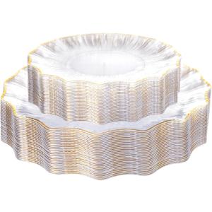 Rubtlamp Heavyduty 60Pcs Clear Gold Plastic Plates - Clear Scalloped Plates with Gold Trim - 30 Dinner & 30 Dessert Platos for Party, Wedding (30 Guests)