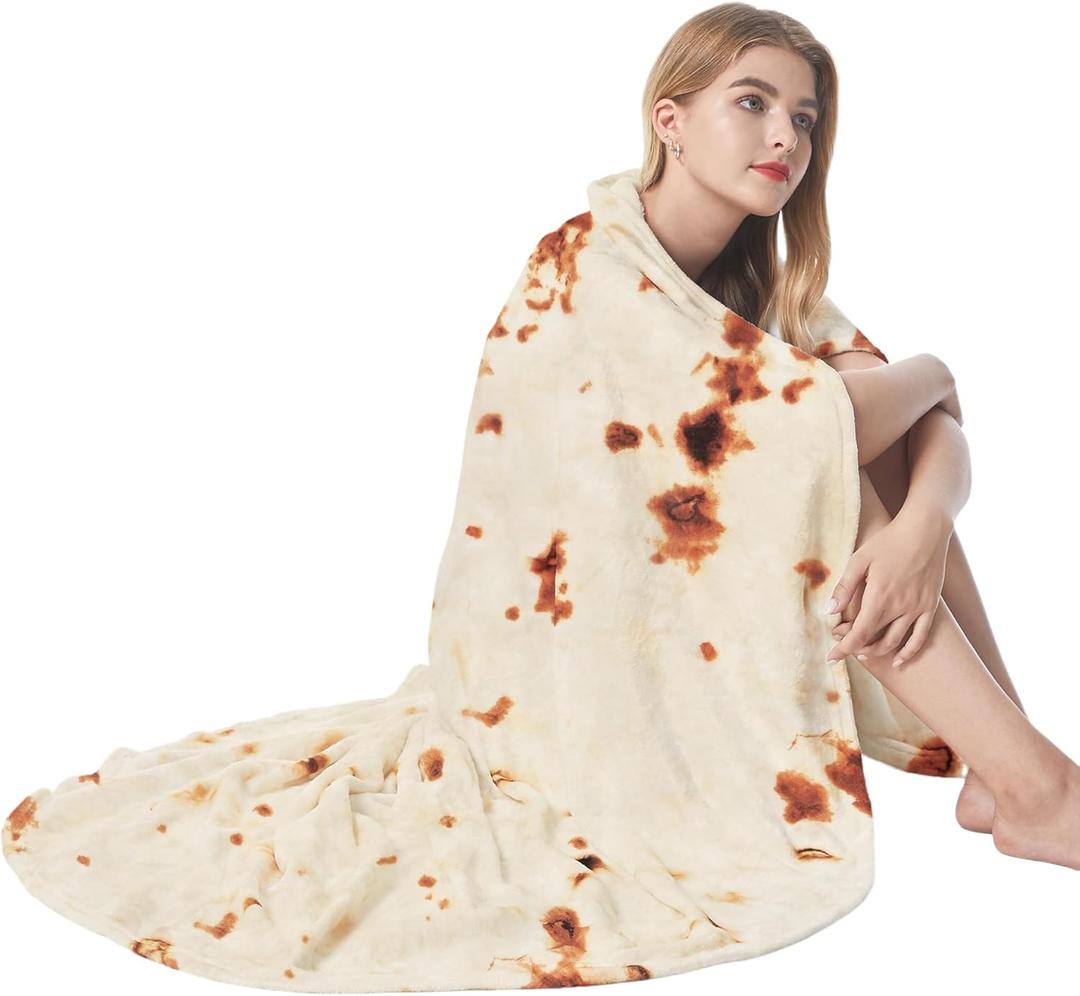 Admitrack Burrito Tortilla Blanket 47in, Double Sided Super Soft Flannel Throw, Gag Novelty Tortilla White Elephant Gift for Christmas Adults Kids Couples Parties (Beige)