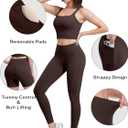 3 Piece Workout Sets for Women High Waisted Leggings with Pockets Tummy Control Biker Shorts Yoga Sports Bra (Brown, Large)