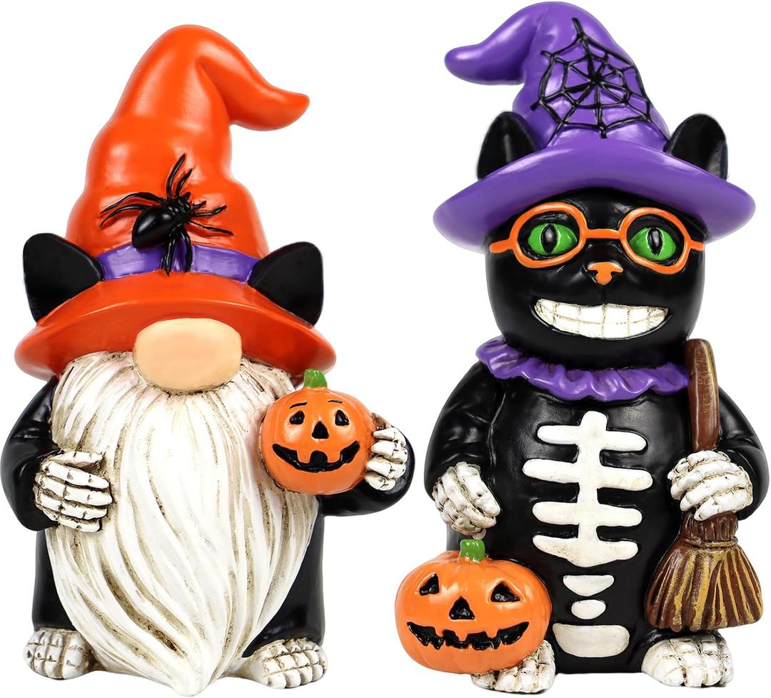 Halloween Gnome Decorations Black Cat Decor 2 PCS Home Vintage Figurines Funny Resin Tabletop Ornaments Indoor Holiday Collectible Statue for Women Men Kids