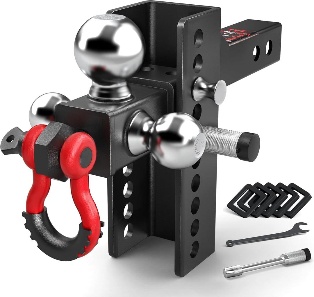 TYT Adjustable Heavy-Duty Trailer Hitch Tri-Ball Mount with Locks&Pin&Rotatable Tow Shackle, Fits 2-in Receiver, 4-1/2" Rise/Drop, 1-7/8" & 2" &2-5/16" Ball, 10000LBS GTW