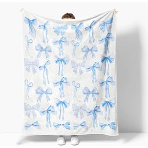 Blue Bows Blankets Preppy Coquette Room Decor Electric Blanket Girls Bedroom Decor Trendy Bow Throw Blanket Coquette Girly Blanket Gifts for Women Teens Soft Flannel Lightweight 50"x60"