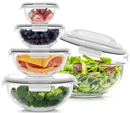 JoyJolt Kitchen Mixing Bowls. 5pc Glass Bowls with Lids Set – Neat Nesting Bowls Large Mixing Bowl Set incl Batter Bowl, Cooking Bowls, Storage Bowls with Lids and Big Salad Bowl with BPA-Free Lids
