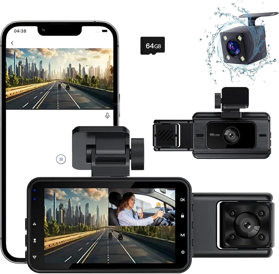 Dash Cam3 Channel Dash Cam Front and Rear Inside, 1080P Full HD Dash Camera for Cars, Free 64GB SD Card, 3IPS Screen, Night Vision, 170Wide Angle, WDR, 24H Parking Mode