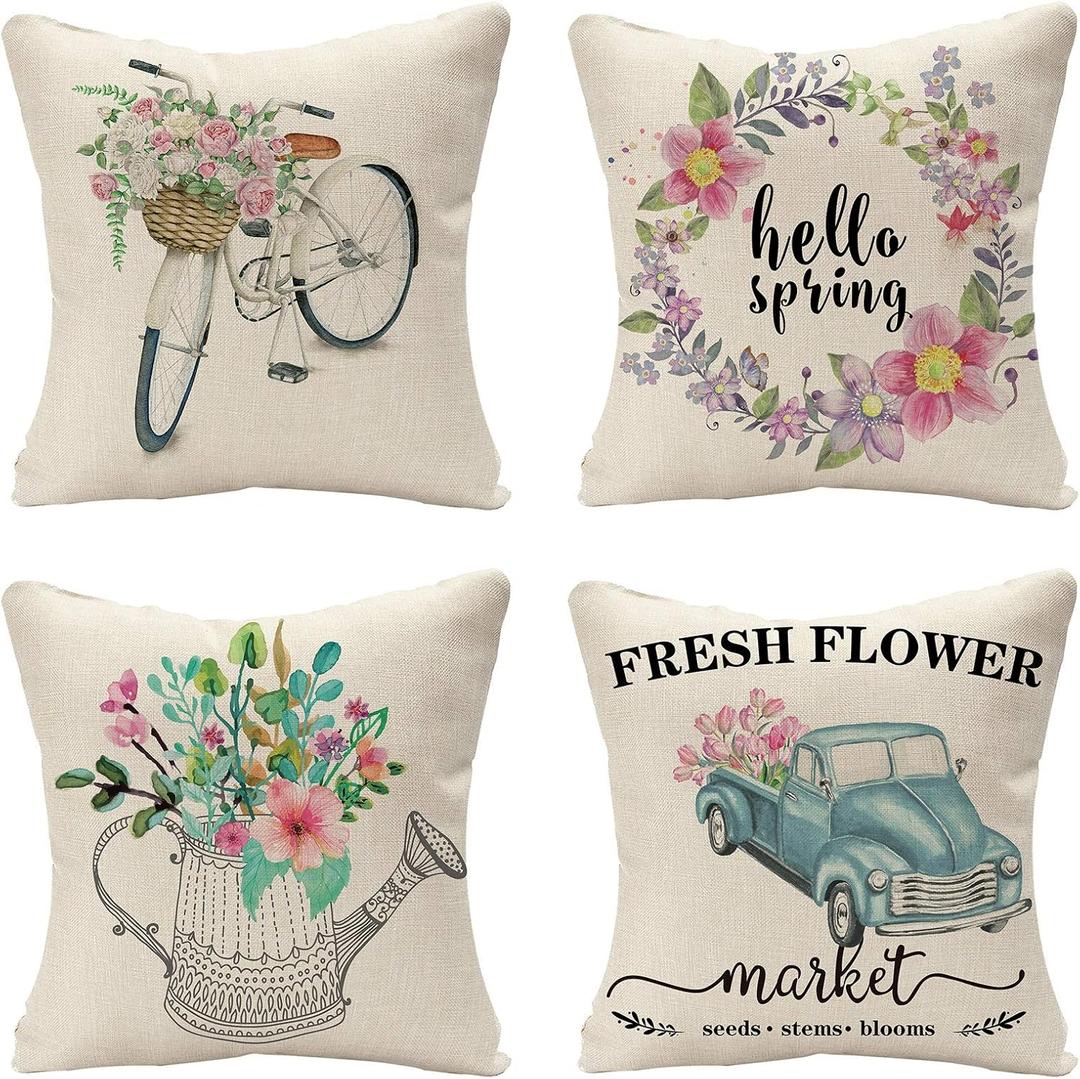 Tosewever Set of 4 Decorative Hello Spring 20 x 20 Inches Throw Pillow Covers - Bicycle Car Linen Square Pillow Cushion Case for Sofa Couch Bed Home Outdoor Car (20" x 20", Spring/Flower)
