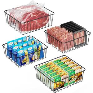 iSPECLE Upright Freezer Organizer - 4 Pack Small Basket for 5/6/6.5/6.8/7 cu.ft Easy Sort Food & No More Fall off, Bins Allow Air Circulation, Black