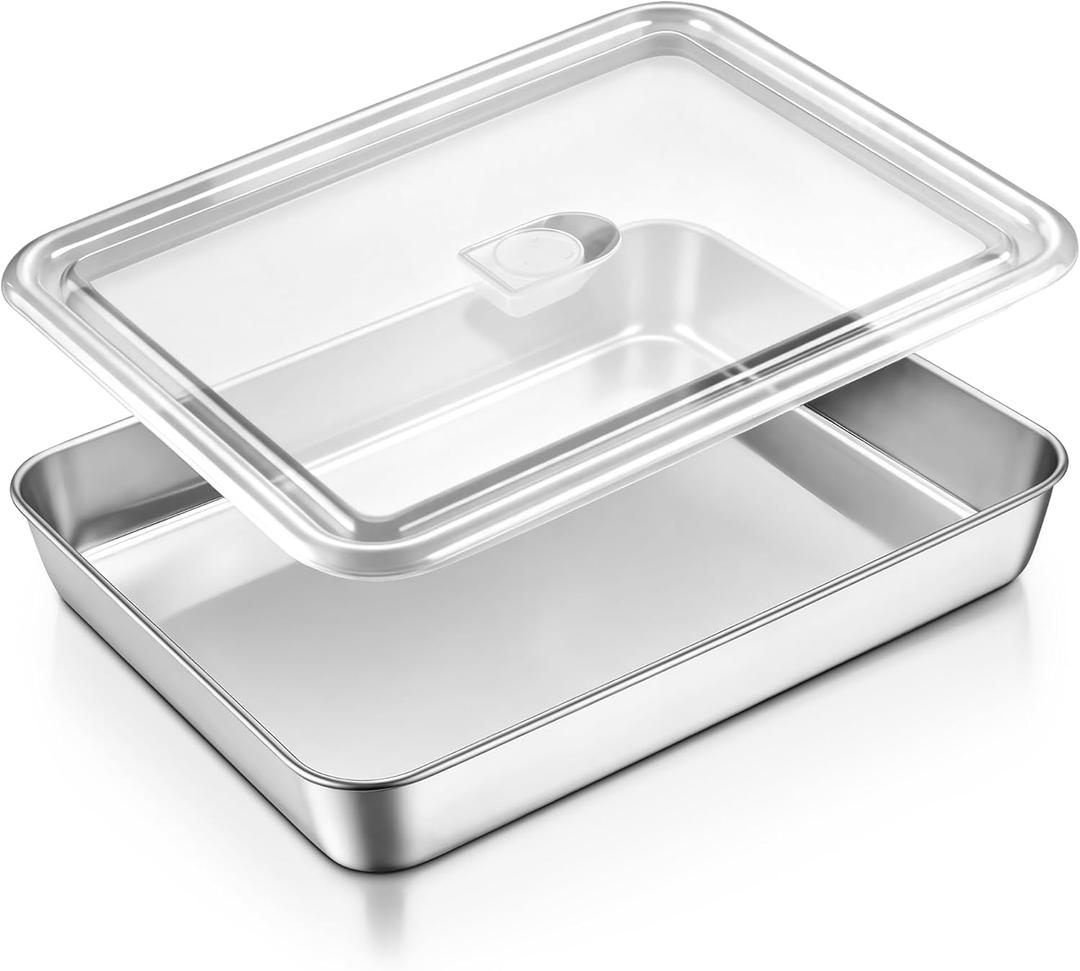 E-far Lasagna Pan with Lid, Stainless Steel Rectangular Cake Baking Pan with Cover, 12⅓x9¾x2 Inch Metal Bakeware Brownie Casserole Oven Tray Sheet, Deep Side & Heavy Duty, Anti-Rust & Dishwasher Safe