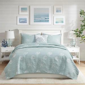 Harbor House Seaside Reversible Cotton Quilt Set Coastal Clam, Starfish, Coral Embroidery, All Season, Pre-Washed Coverlet Bedding Layer, Decorative Pillow, Full/Queen(90"x90") Seafoam 4 Piece
