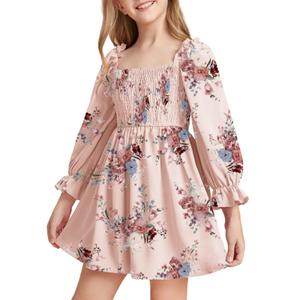Girls Floral Ruffle Mini Dress Square Neck Lantern Sleeve Smocked Flower Chiffon Boho Sundress