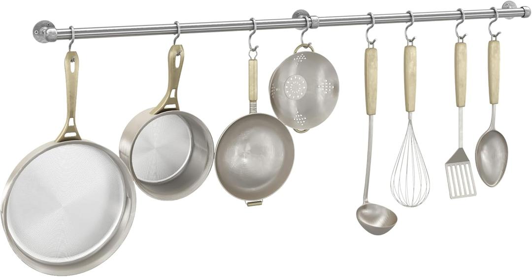 ROTHLEY Hanging Pot Rack Hanger:44.5  Inch Stainless Steel Pot and Pan Hanger Pot Rack Wall Mounted Hanging Pots and Pans Rack Pot Hangers for Kitchen Wall Kitchen Rail with Hooks (Brushed
