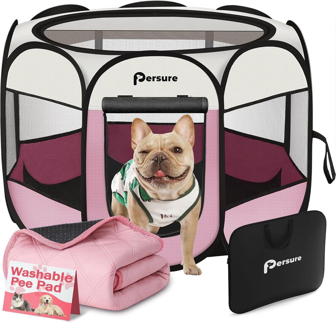 Dog Cat Playpen Indoor Outdoor for Puppy Pet Dogs Cat Recovery After Surgery, Dog Tent Crates Cage Indoor/Outdoor, Portable Pop Up Kennel with Carrying Case for Travel (Pink with Pad, Medium)