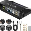 Solar RV TPMS Tire Pressure Monitoring System 4 External Sensors + Solar & USB Dual Power, 0-9.9BAR/0-144 PSI, Color LCD Monitor, 6 Alram Modes, Real-Time TP for RV/Trailer/Truck