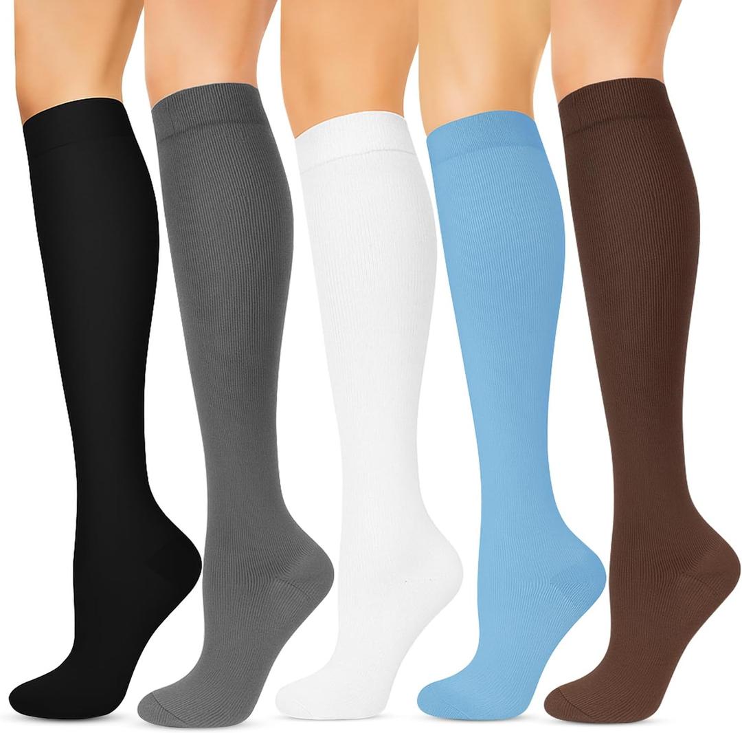 Wide Calf Compression Socks for Women & Men - 5 Pairs Plus Size 15-20 mmHg Graduated Knee High Compression Socks for Travel, Nurses, Pregnant Women, Running, Hiking & Everyday Wear (XL, Multi-colors)