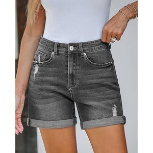 LookbookStore Jean Shorts Womens Stretchy High Waisted Ripped Denim Shorts with Pockets Trendy Distressed Cut Off Shorts (Small, Faded Black)