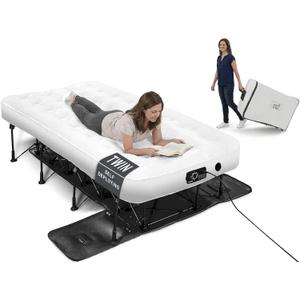 Ivation EZ-Bed (Twin) Inflatable Air Mattress with Frame & Built-in Pump - 3 Min Self Inflate/Deflate - Raised Blow up Bed with Legs, Auto Shut Off, Premium Coil Design, Wheeled Portable Case