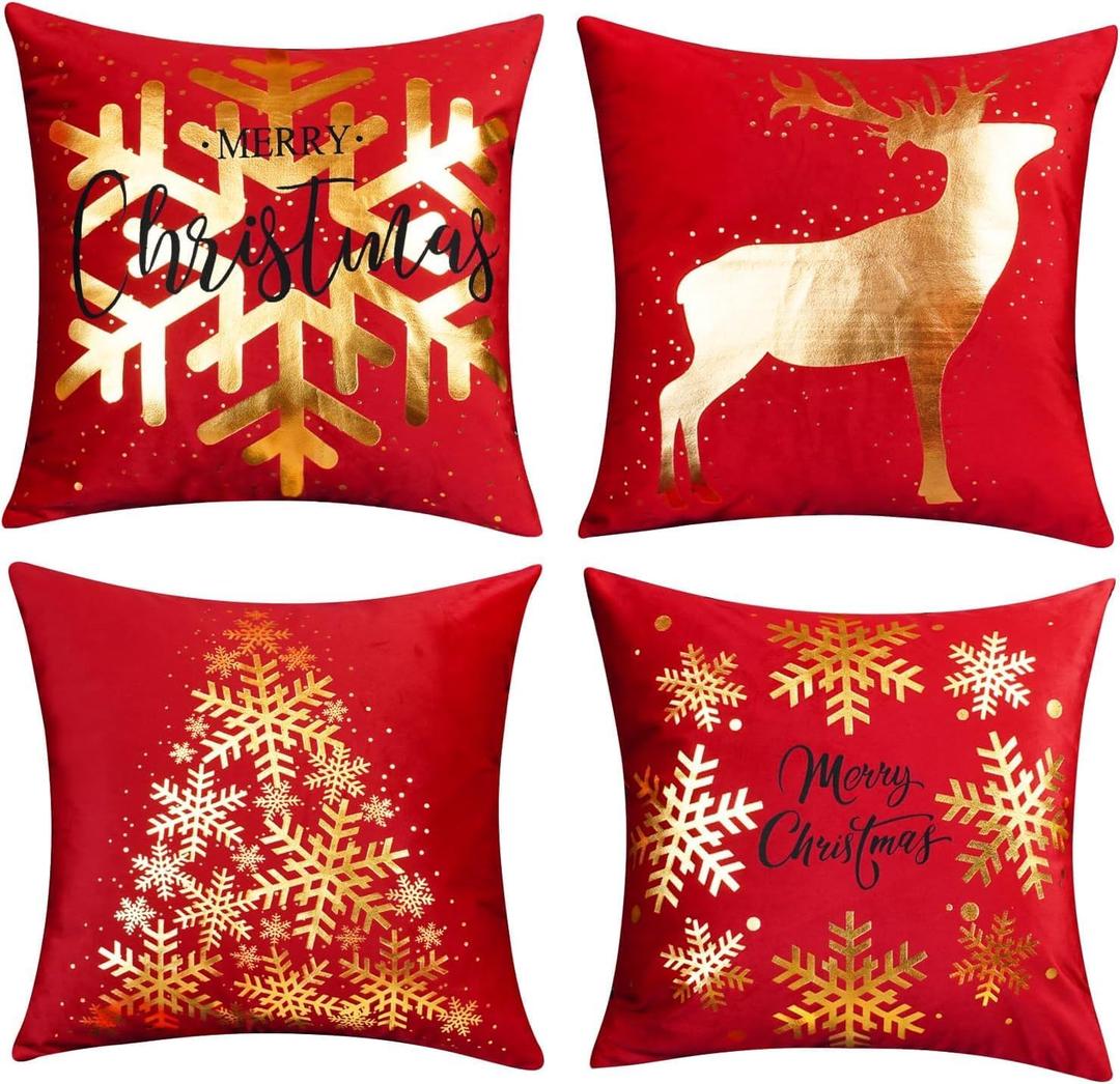 ONWAY Red Christmas Decorations Gold Throw Pillow Covers 20x20 Set of 4 Snowflakes Reindeer Decorative Cushion Cases Xmas Golden Decor for Couch Sofa Bedroom
