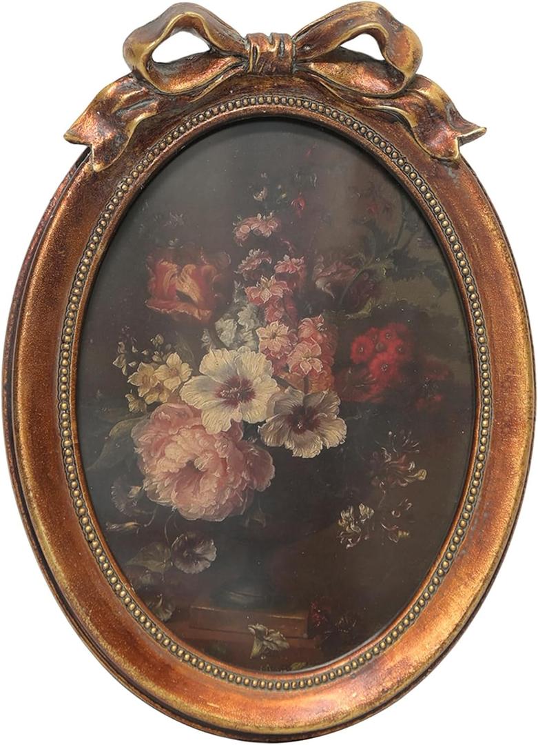 Small 5x7 Vintage Picture Frame, Oval Bow Antique Ornate Frame 5 X 7 with Glass Front, Luxury Tabletop & Wall Hanging, Antique Wall Decor(Antique Bronze)