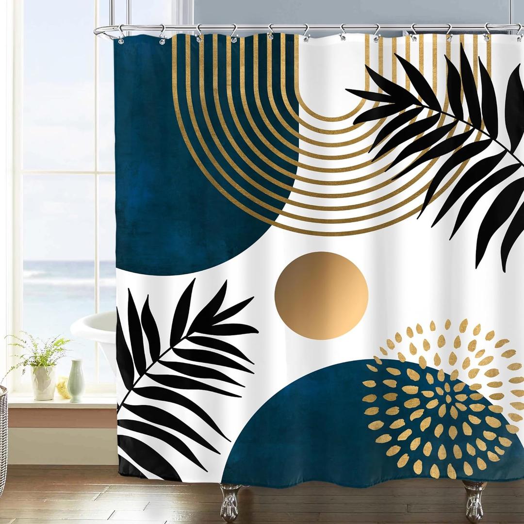 Imirell Navy Blue Gold Mid Century Shower Curtain 60Wx72H Inches Modern Boho Abstract Leaves Minimalist Sun Arch Geometric Aesthetic Plant Men Fabric Waterproof Polyester with 12 Pack Hooks Plastic (60"W x 72"L (Pack of 1), A-boho(blue))