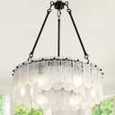 6-Light Drum Crystal Chandeliers, 20" Modern Black Crystal Chandeliers for Dining Room, Double-Layer Luxury Water Ripple Glass Chandelier, Round Pendant Light for Living Room Bedroom Entryway