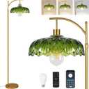 Gold Floor Lamp for Living Room,Bedroom,Mid Century Modern Standing Lamp with Remote,Dimmable Brass Tall Lamp Green Glass Lamp Shade Vintage Retro Arc Floor Lamps Floor Light Boho Bohemian