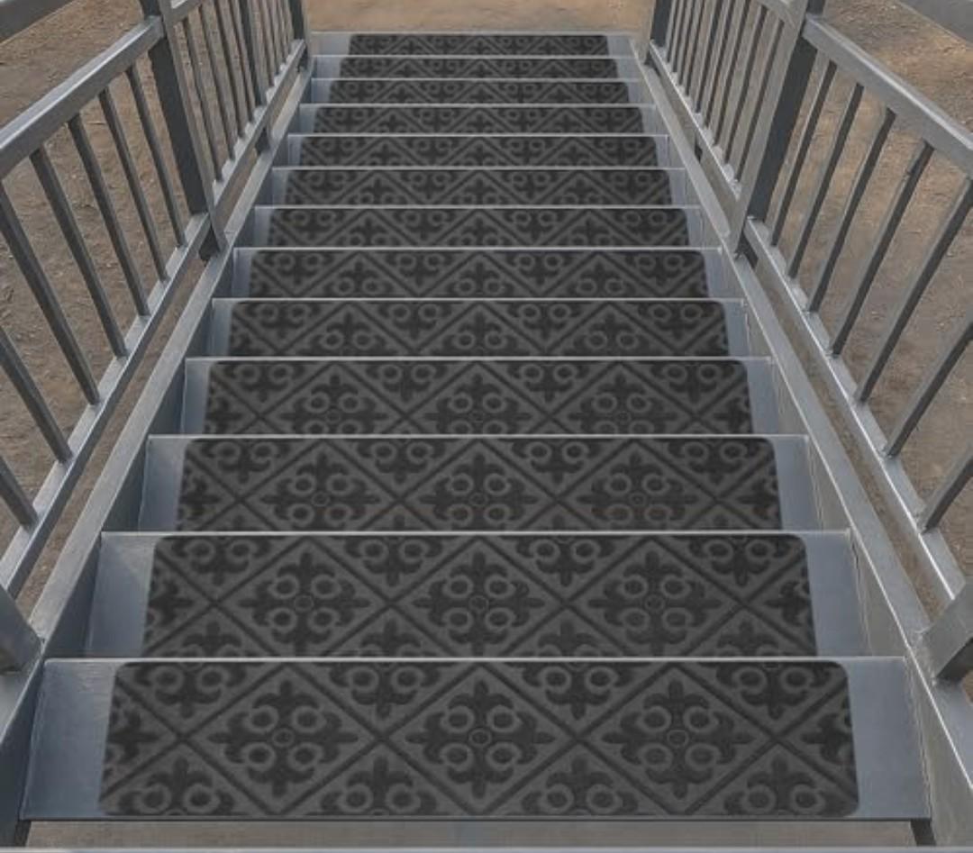 Arttown 5 Pcs 30" x 8" Grey European Embossing Outdoor Step Carpet Treads Peel and Stick for Outdoor Wooden Steps Stairs Non-Slip Self-Adhesive Carpet Stair Treads for Kids, Elderly and Pets