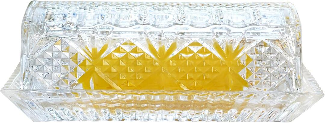 QFkris Glass Butter Dish with Lid for Countertop, 7 inches Clear Crystal Butter Holder with Cover, Butter Keeper Container for Kitchen Refrigerator,Dishwasher Safe
