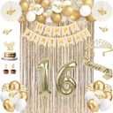 Sweet 16 Party Decorations, Champagne Gold Happy 16th Birthday Decorations for Girls, Sweet16 Sash and Crown, Banner, Fringe Curtains, Hanging Paper Fans, 16 Year Old Party Supplies Set
