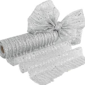 HUIHUANG Silver Glitter Christmas Tree Ribbon - 10 Inch Wide Mesh Fabric, 10 Yards for Tree Decorations, Garlands, Large Bows, Box Wrapping