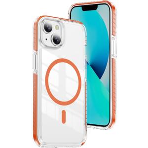 DEERLAMN Magnetic Clear Case for iPhone 13/iPhone 14 6.1-Inch, [Compatible with Magsafe][Anti-Yellowing] Transparent Slim Shockproof Protective Phone Cover, Orange