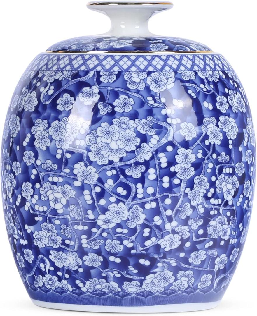 Traditional Chinoiserie Round Ginger Jars Blue and White Porcelain Series Ceramic Storage Jars with Sealed Lids,for Home/Kitchen/Dining Table Decoration (Melon Jar)