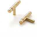 Polished Brass Cabinet Pulls, 5 Pack Modern Gold Solid Brass Dresser T-Bar Handles Cupboard Drawer Hardware for Bathroom Kitchen (5, T Knobs Single Hole)