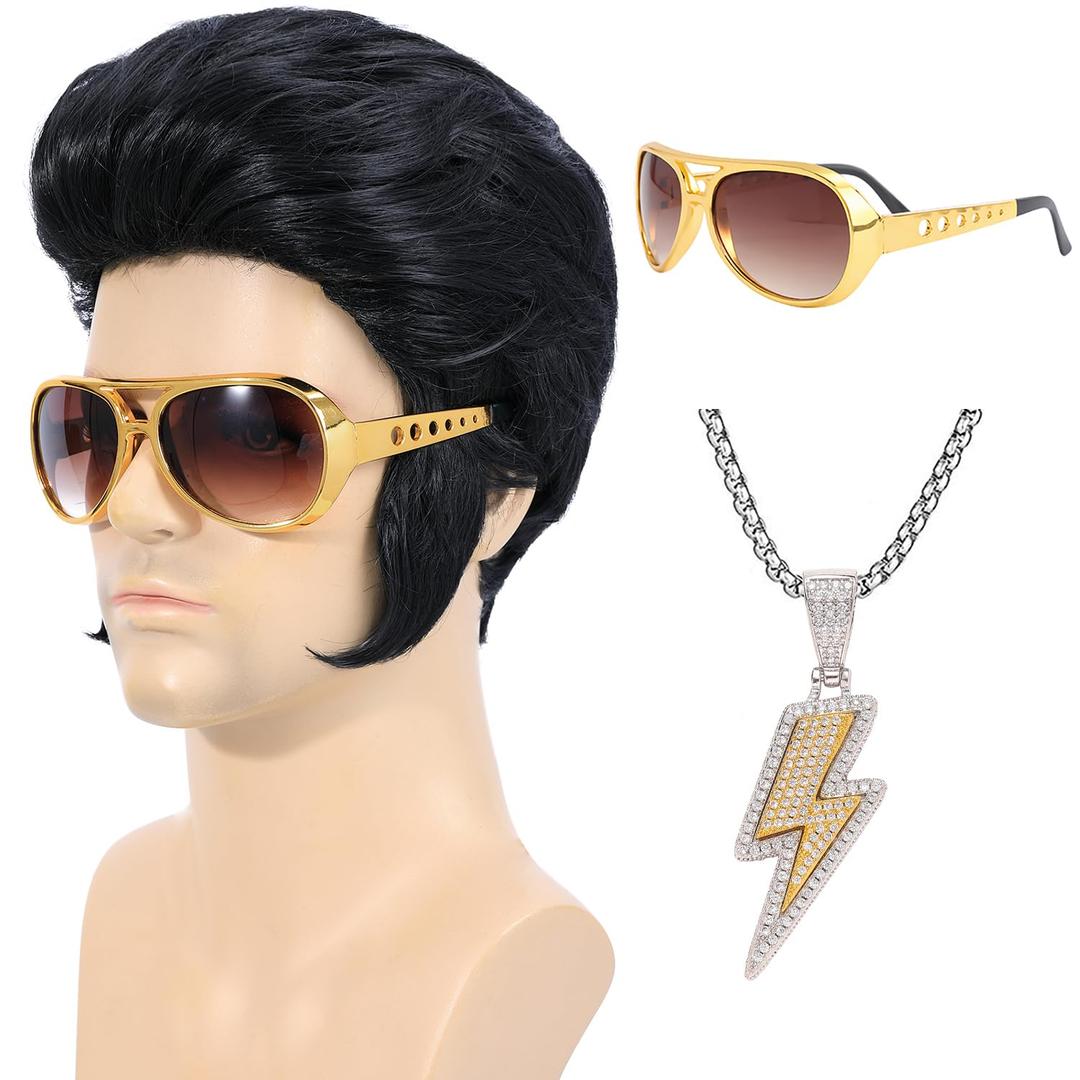 Bettecos Kids 50s Rock Legend Wig with Sunglasses and Necklace 4 Pcs Set Singer Rocker Costume Wigs for Cosplay Halloween Party (Kids)