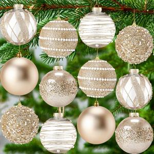 Lyrow 12 Pcs 4 inch Christmas Balls Ornaments Glitter Shatterproof Christmas Decorations Tree Balls Sparkly Holiday Ornaments Bulk for Xmas Trees(Champagne Gold)