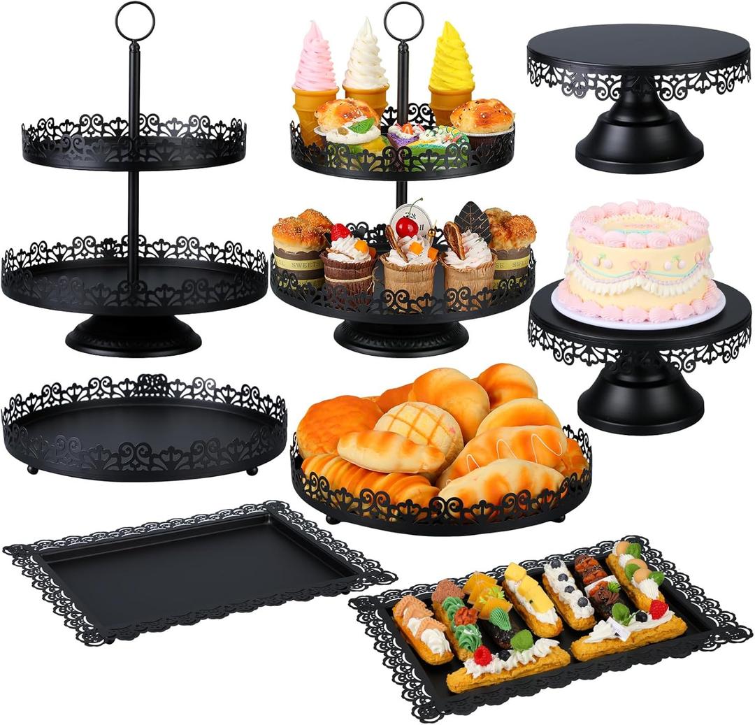 Tioncy 8 Pcs Cake Stand Set, Metal Dessert Table Display Stands for Dessert Table, Tiered Cupcake Holder Display Plates for Birthday Party Wedding Festival (Black)