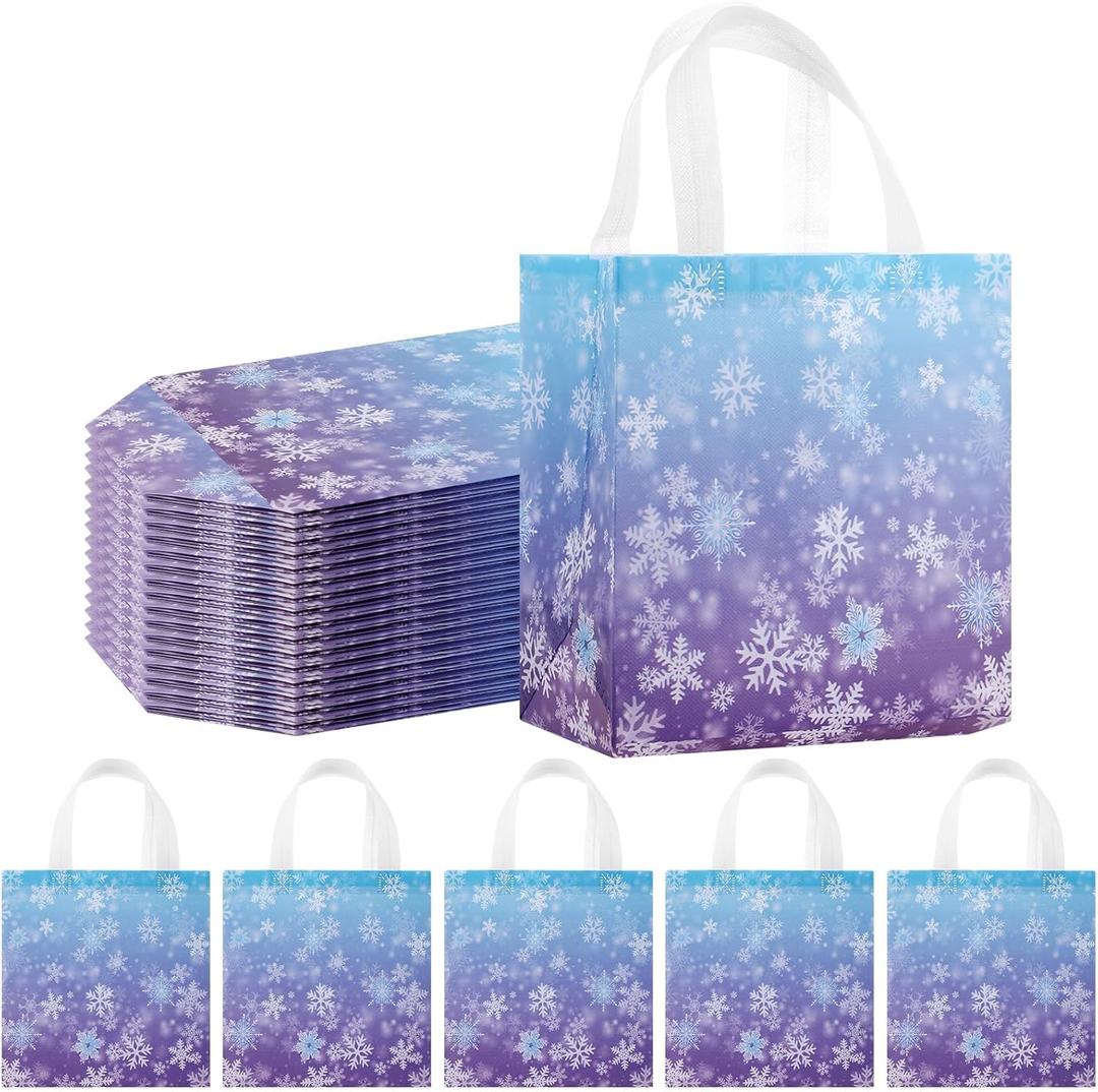ReliThick 16 Pcs Winter Snowflake Party Gift Bag with Handle Christmas Snowflake Reusable Non Woven Treat Goodie Bag Blue Purple Wonderland Baby Shower Birthday Party Supplies, 9.1x8.7x4.5''