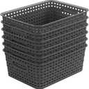 Grey Plastic Woven Storage Basket, 6-Pack Weave Gray Basket Organizer for Kitchen Office Bathroom
