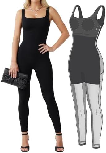 Popilush Shapewear Jumpsuits for Women Built-in Bra Tummy Control Bodysuit Square Neck Sport Romper Summer Outfit, S