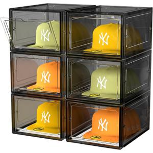 SCAVATA Hat Organizer Box, Stackable Clear Baseball Caps Holder Box Containers with Magnetic Door for Hats Snapback Cap Storag, Hat Rack Display Case, Holds 8 Hats Each (Black, 6 Pack)