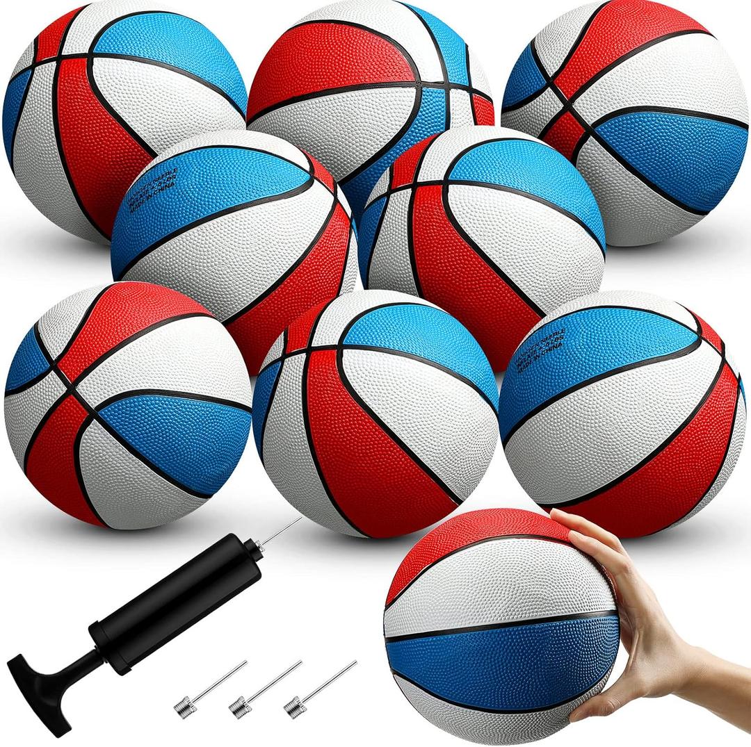 8 Pack 7 Inch Mini Rubber Basketballs Set Small Basketball with Air Pump Mini Hoop Junior Size 3 Basketballs for Beginner Arcade Games Indoor Outdoor Pool Party Favors(Red White and Blue)
