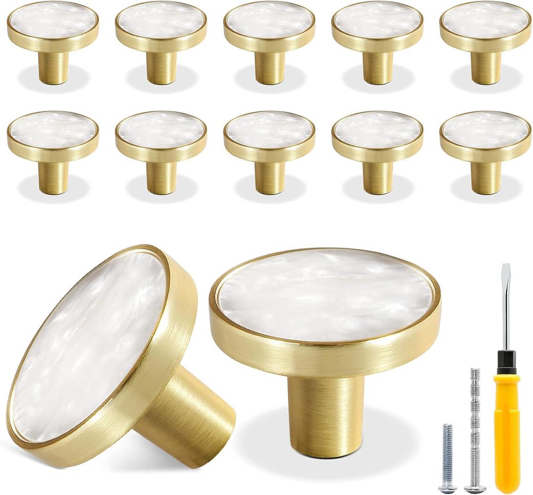 12 Pack Gold Knobs for Dresser Drawers, Brass Dresser Knobs Round Cabinet Knobs for Kitchen Cabinet Cupboard Door Decorative Furniture Hardware, 1-1/4" Diameter, White
